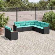 vidaXL 9-delige tuinbankset met kussens van zwart polyrotan