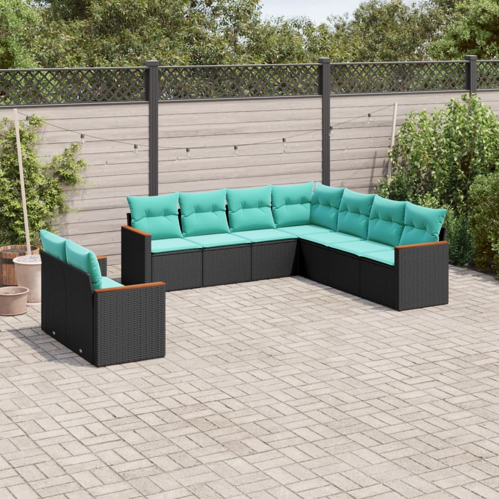 vidaXL 9-delige tuinbankset met kussens van zwart polyrotan