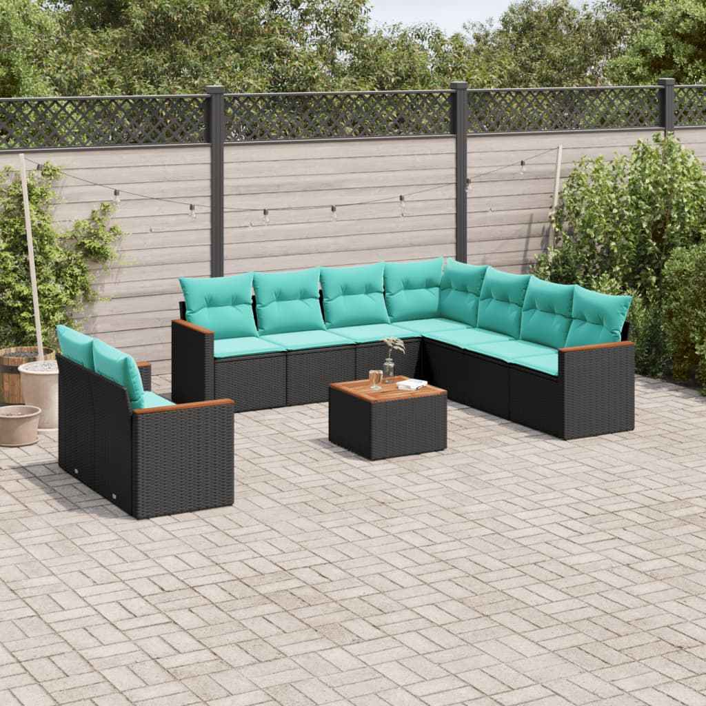 vidaXL 9-delige tuinbankset met kussens van zwart polyrotan