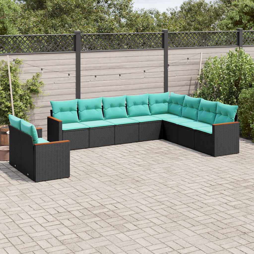 vidaXL 10-delige tuinbankset met kussens van zwart polyrotan