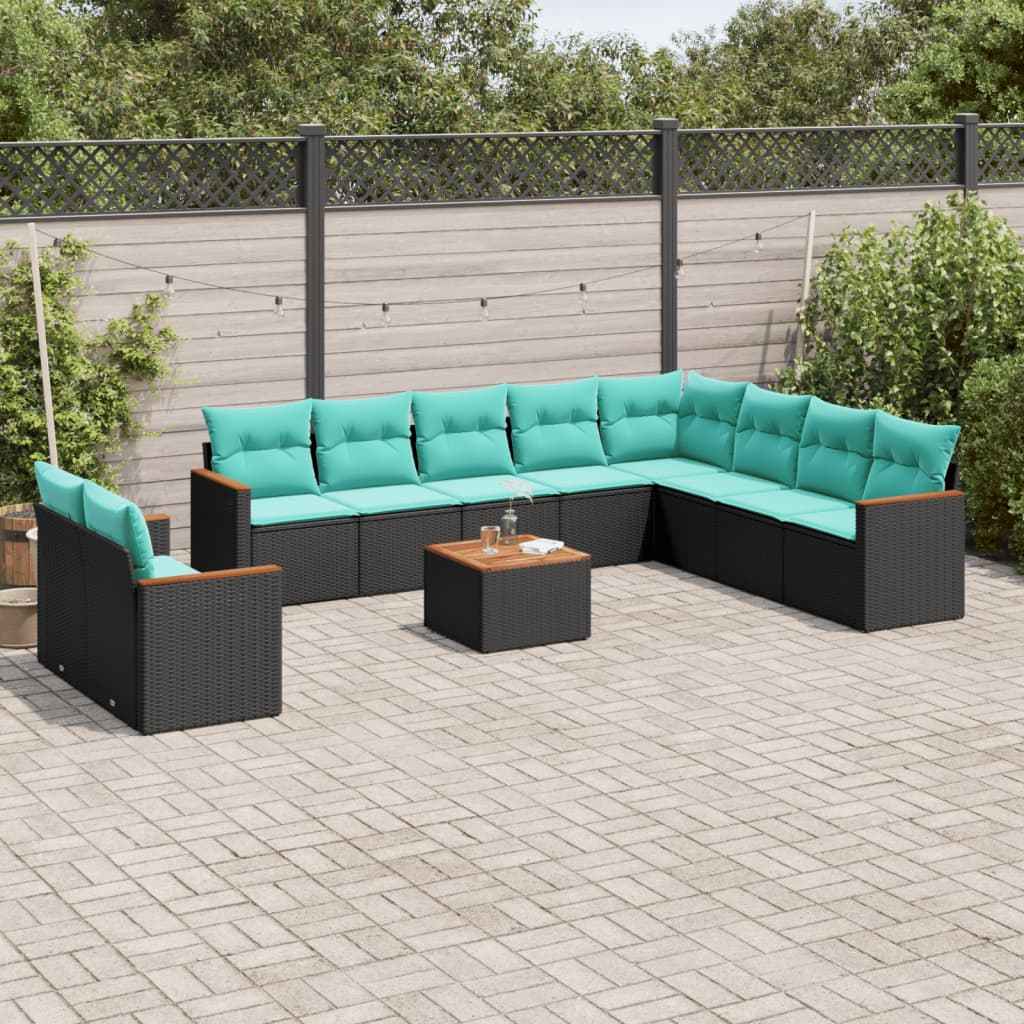 vidaXL 10-delige tuinbankset met kussens van zwart polyrotan