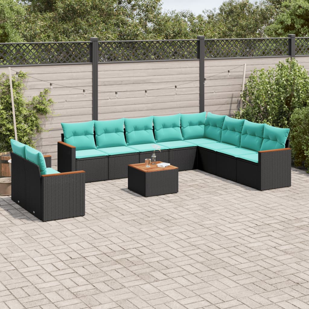 vidaXL 10-delige tuinbankset met kussens van zwart polyrotan