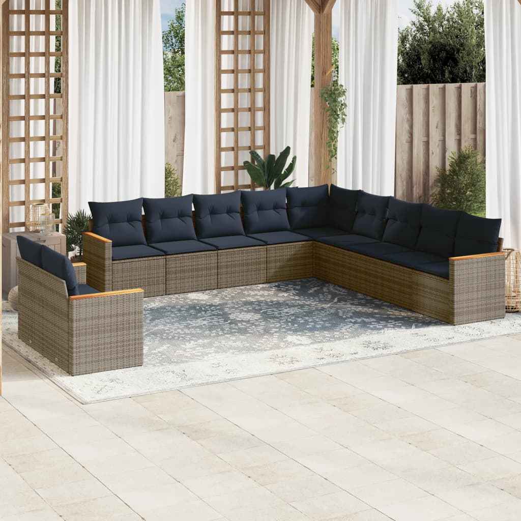 vidaXL 11-delige tuinbankset met kussens, zwart polyrotan