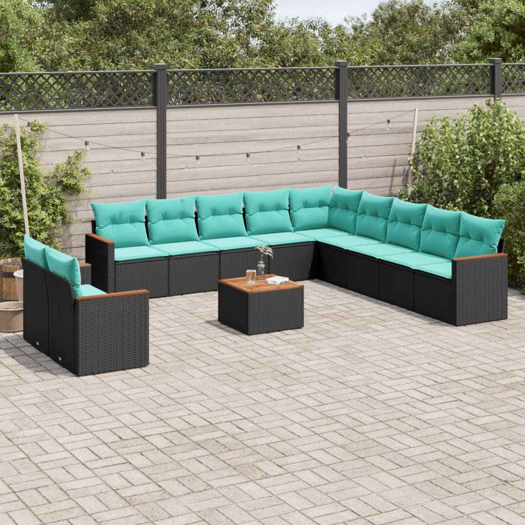 vidaXL 11-delige tuinbankset met kussens, zwart polyrotan