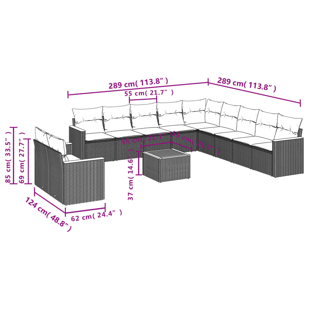 vidaXL 11-delige tuinbankset met kussens, zwart polyrotan