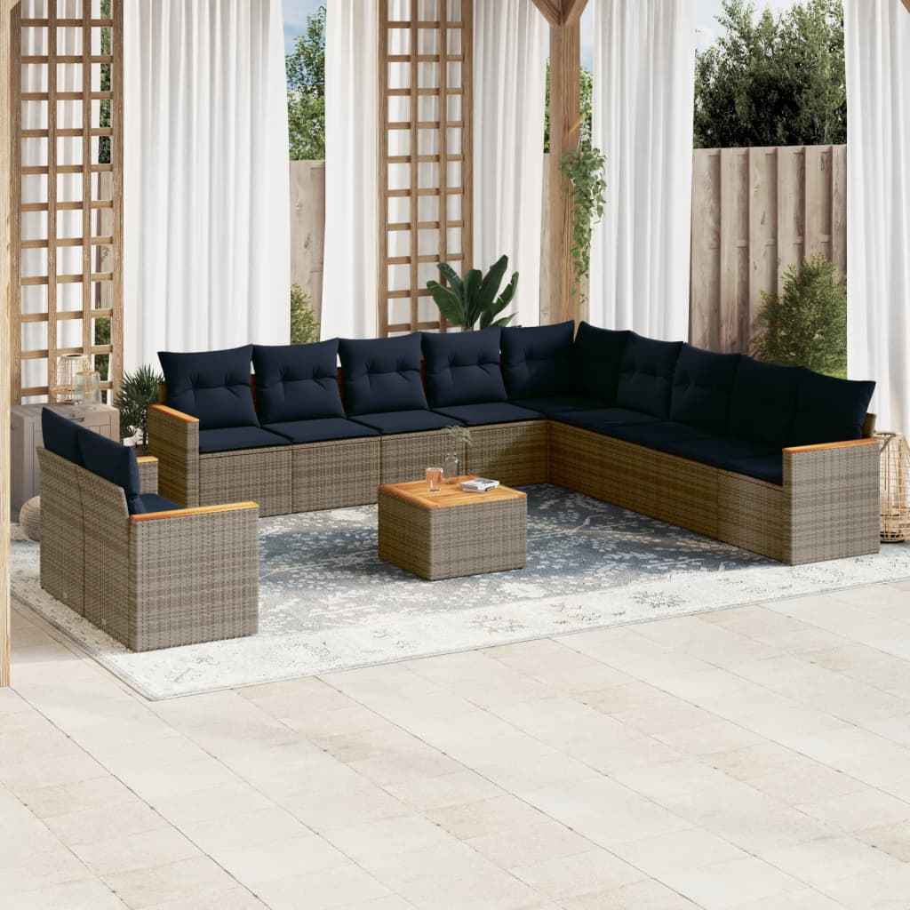 vidaXL 11-delige tuinbankset met kussens, zwart polyrotan