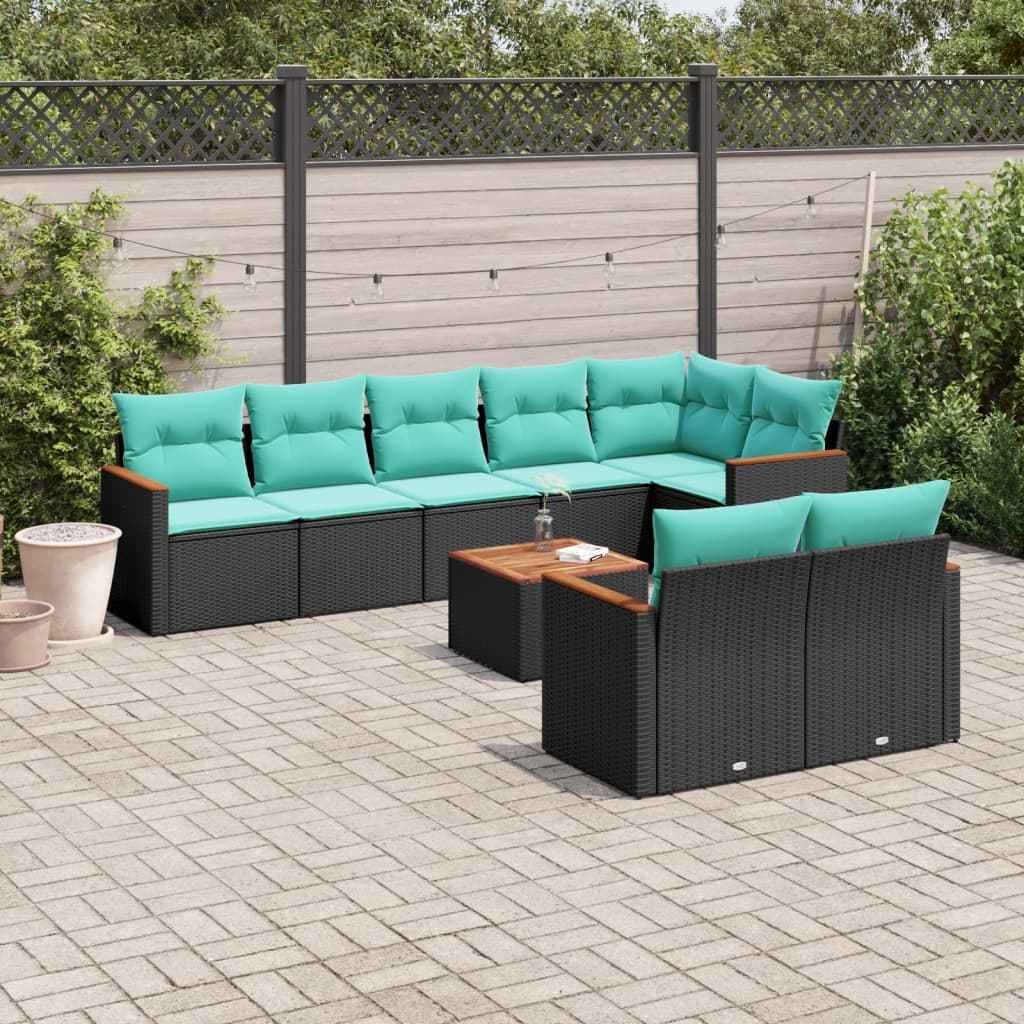 vidaXL 8-delige tuinbankset met kussens, zwart polyrotan