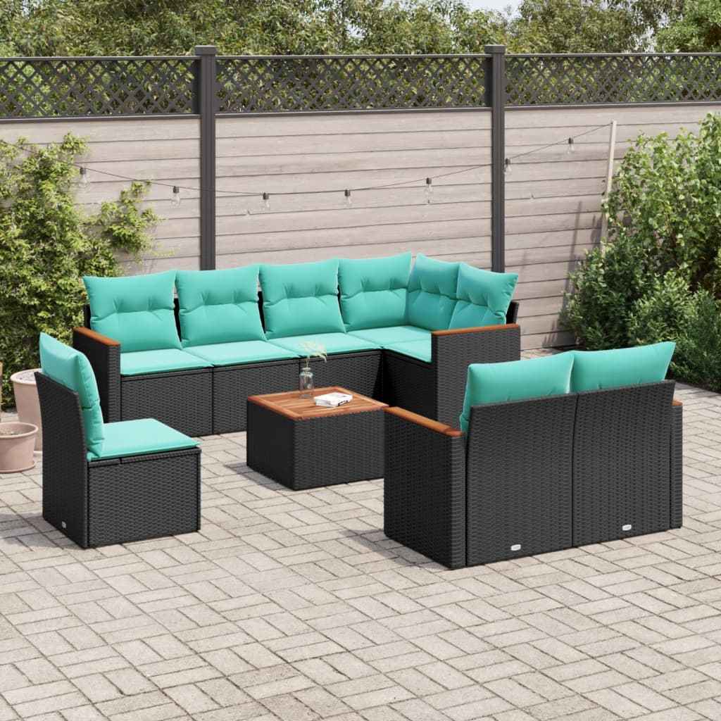 vidaXL 8-delige tuinbankset met kussens, zwart polyrotan