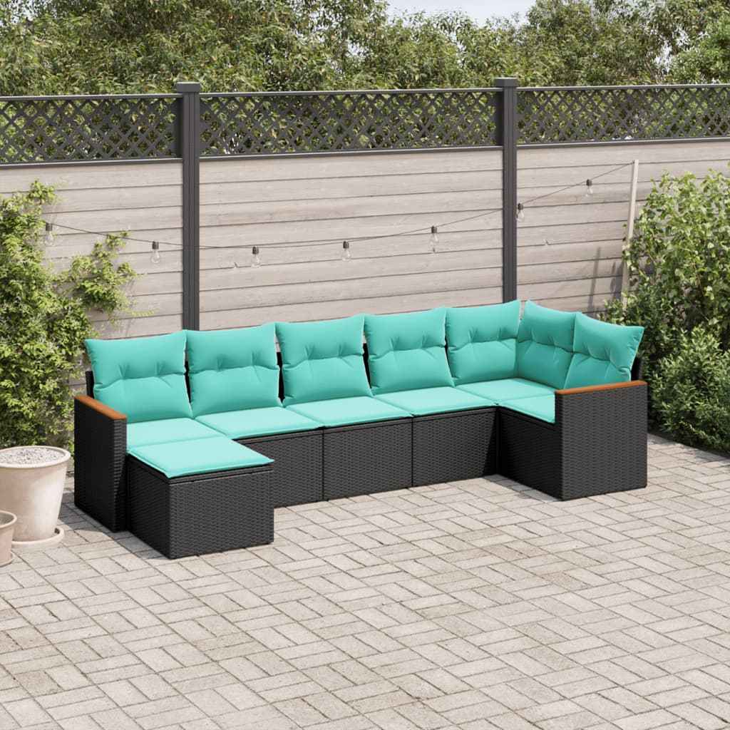 vidaXL 7-delige tuinbankset met kussens van zwart polyrotan