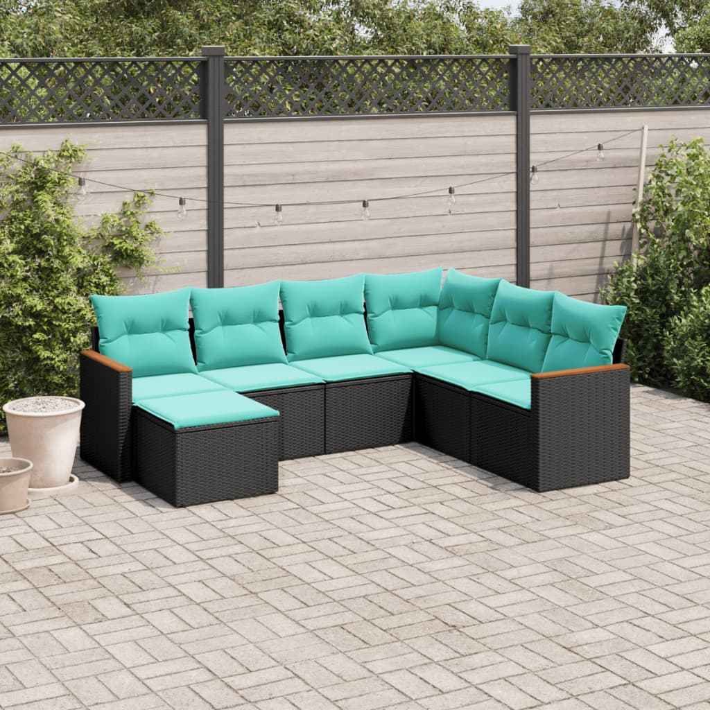 vidaXL 7-delige tuinbankset met kussens van zwart polyrotan