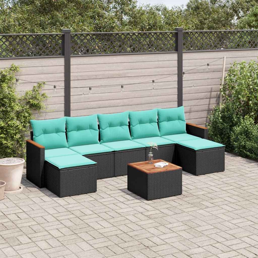 vidaXL 7-delige tuinbankset met kussens van zwart polyrotan