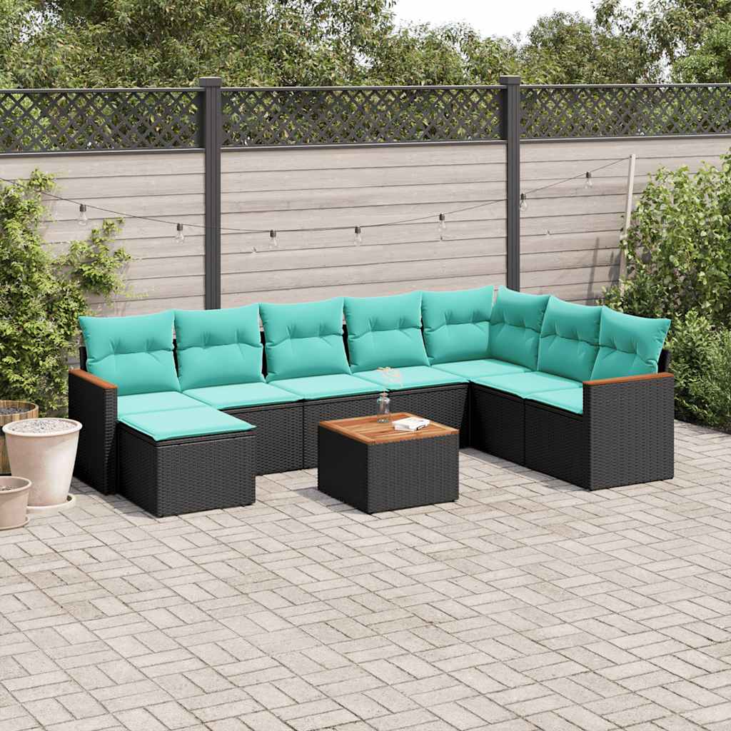 vidaXL 8-delige tuinbankset met kussens, zwart polyrotan