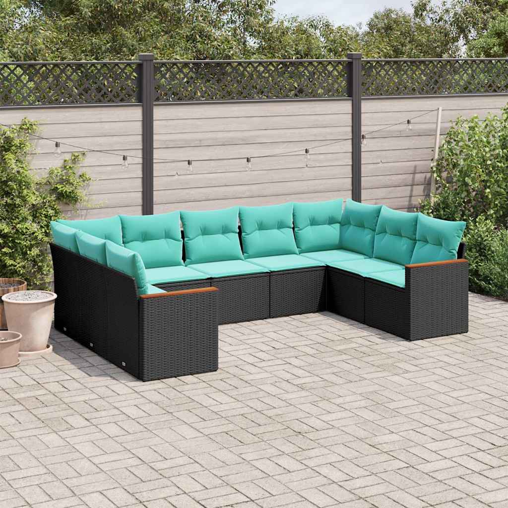 vidaXL 9-delige tuinbankset met kussens van zwart polyrotan