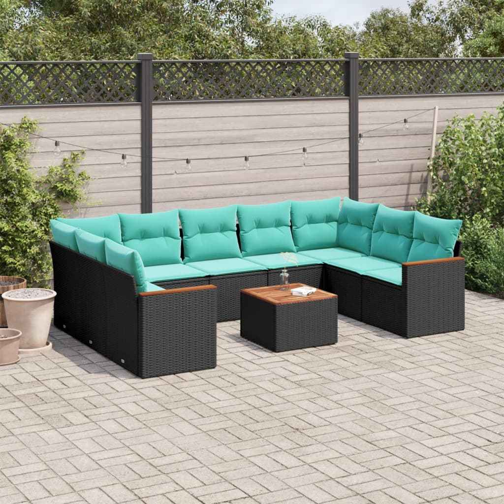 vidaXL 9-delige tuinbankset met kussens van zwart polyrotan