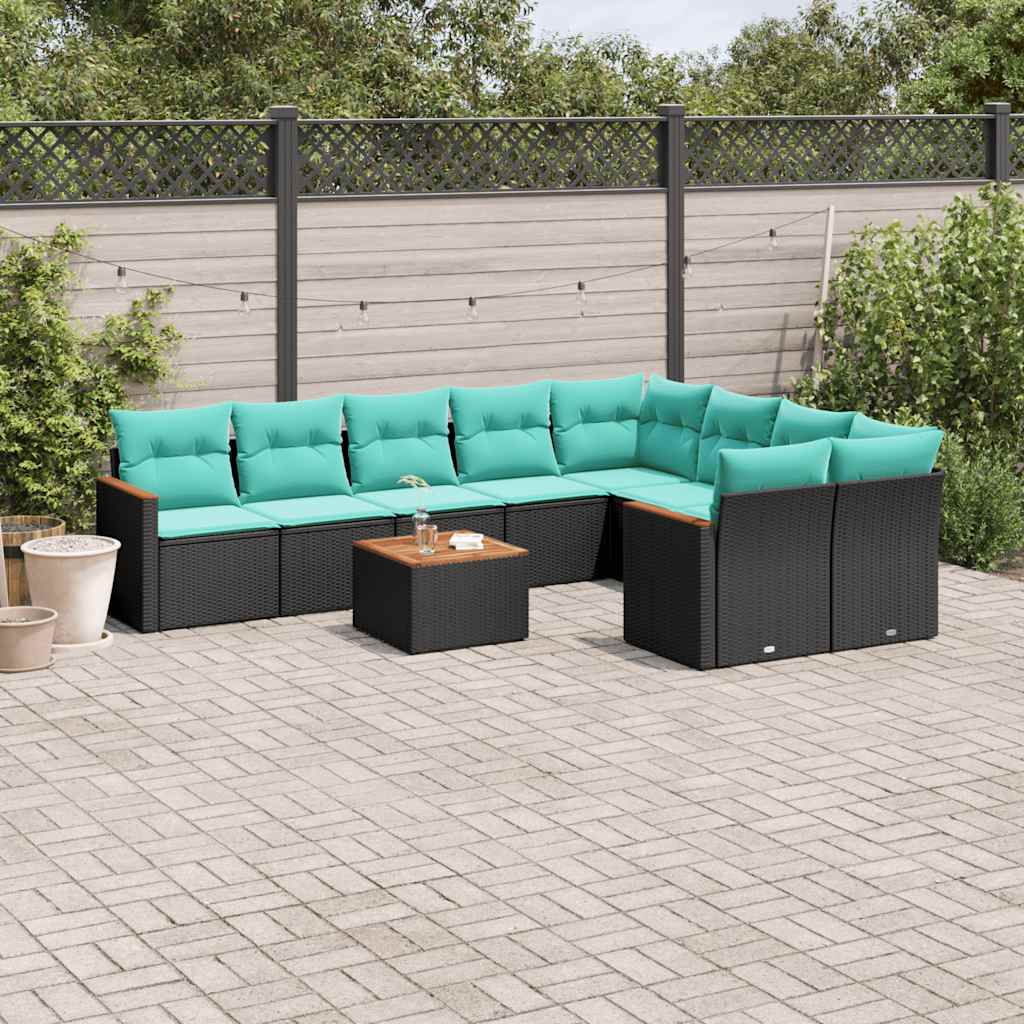 vidaXL 9-delige tuinbankset met kussens van zwart polyrotan