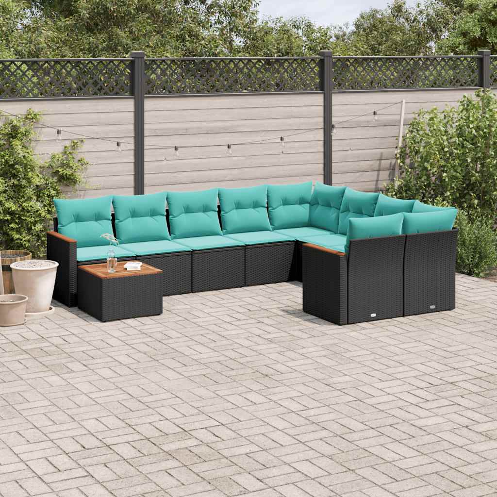vidaXL 10-delige tuinbankset met kussens van zwart polyrotan