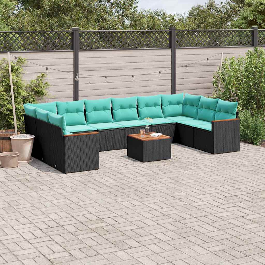 vidaXL 10-delige tuinbankset met kussens van zwart polyrotan