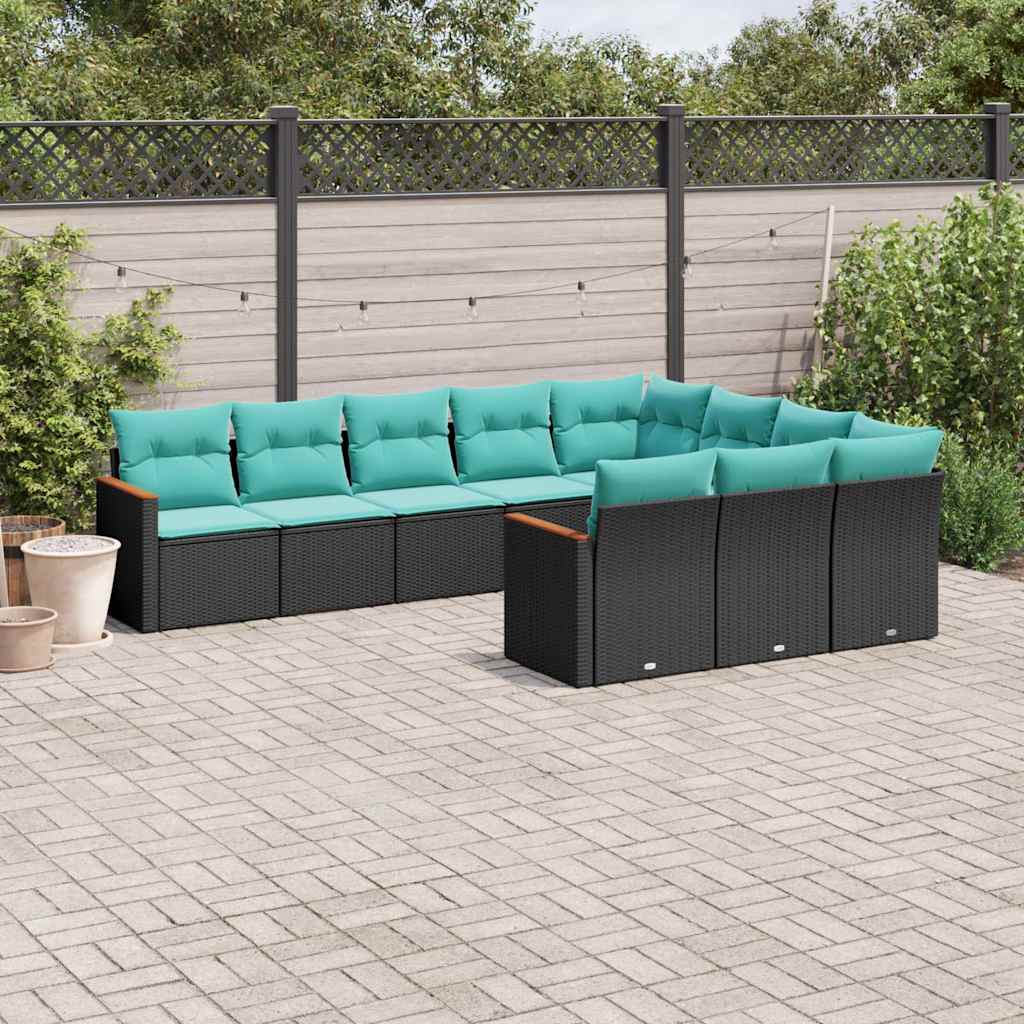 vidaXL 10-delige tuinbankset met kussens van zwart polyrotan