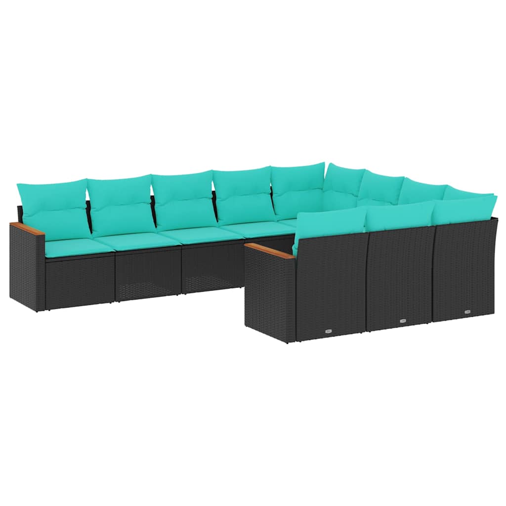 vidaXL 10-delige tuinbankset met kussens van zwart polyrotan