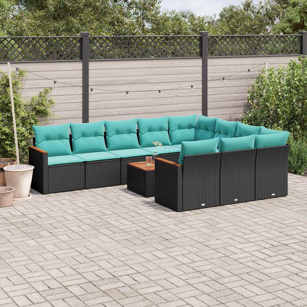 vidaXL 10-delige tuinbankset met kussens van zwart polyrotan