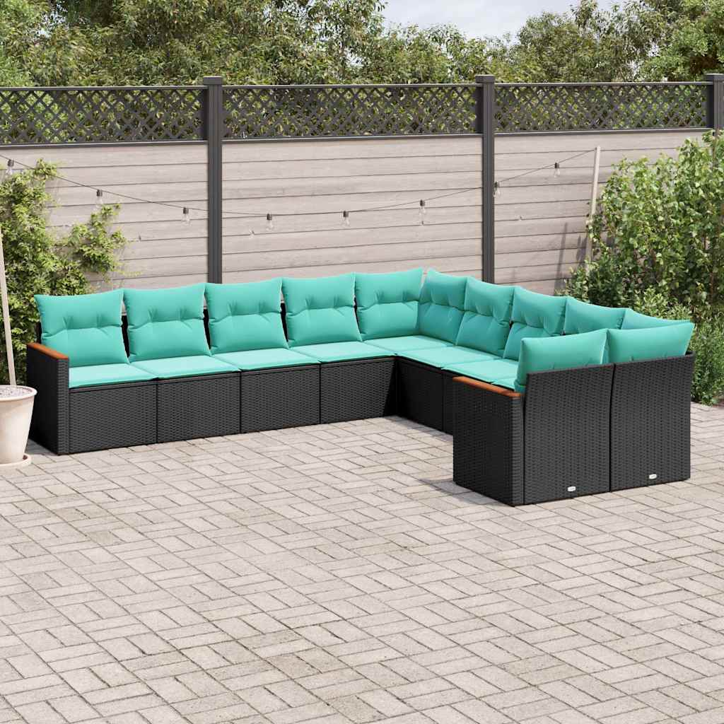 vidaXL 10-delige tuinbankset met kussens van zwart polyrotan