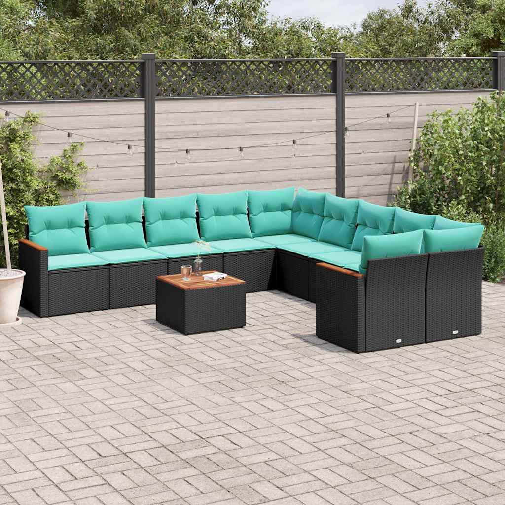 vidaXL 10-delige tuinbankset met kussens van zwart polyrotan