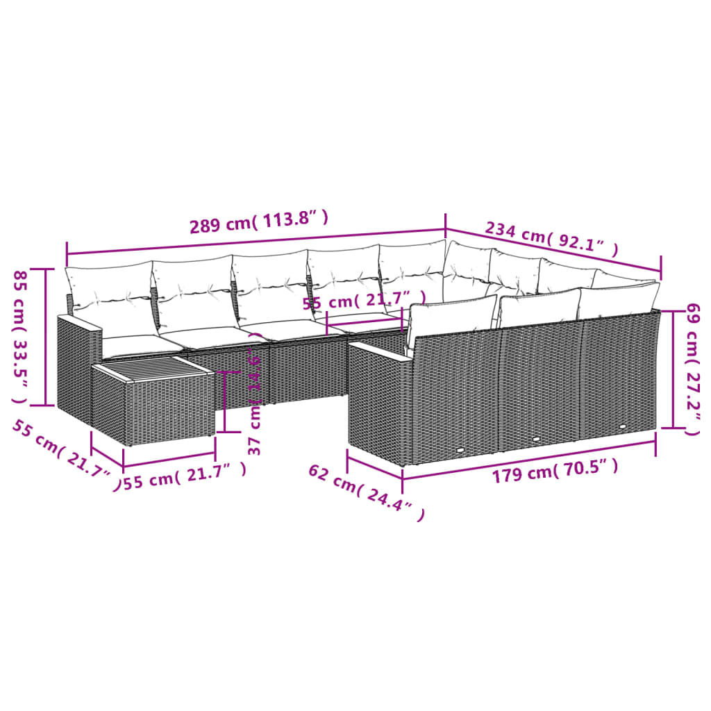 vidaXL 11-delige tuinbankset met kussens, zwart polyrotan