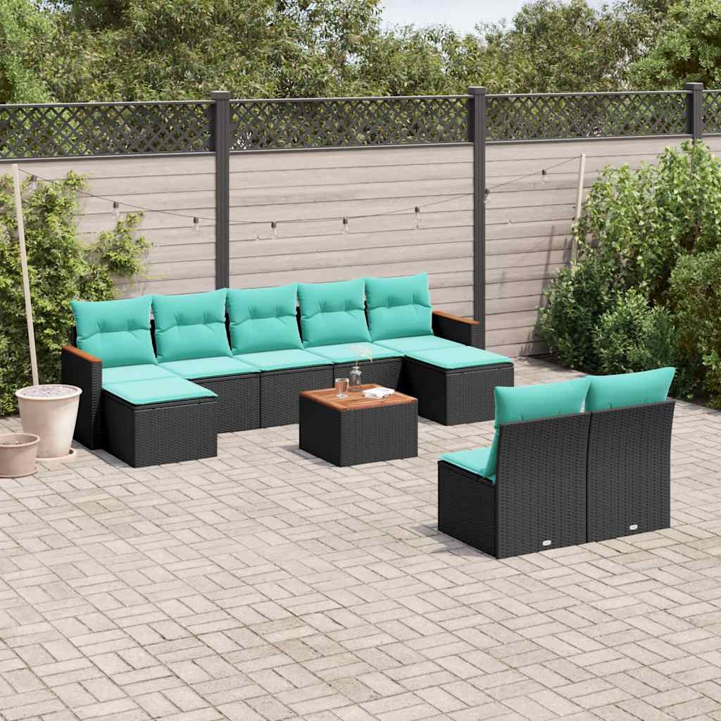 vidaXL 9-delige tuinbankset met kussens van zwart polyrotan