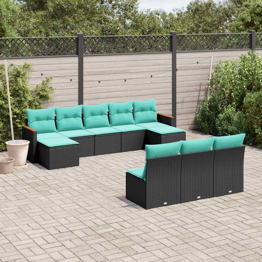 vidaXL 10-delige tuinbankset met kussens van zwart polyrotan
