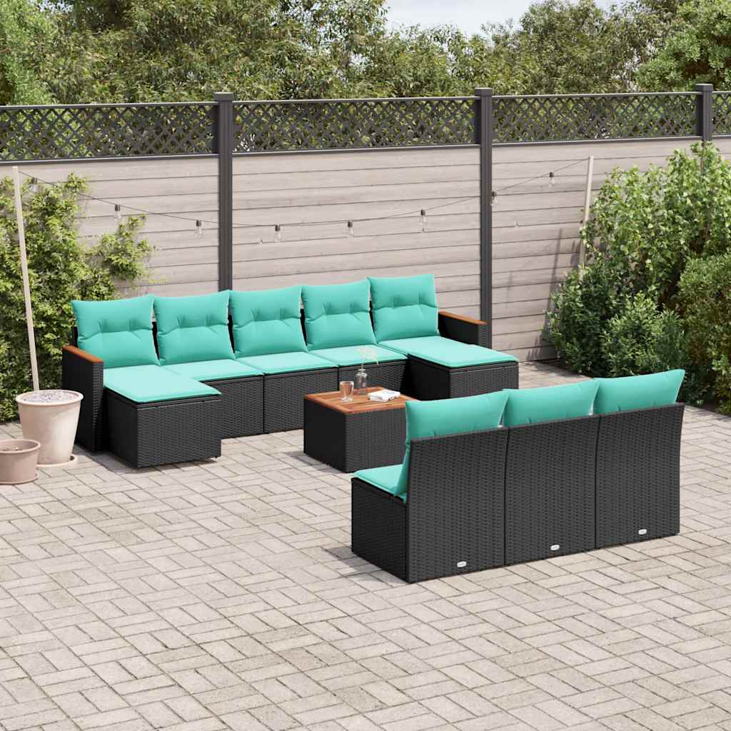 vidaXL 10-delige tuinbankset met kussens van zwart polyrotan