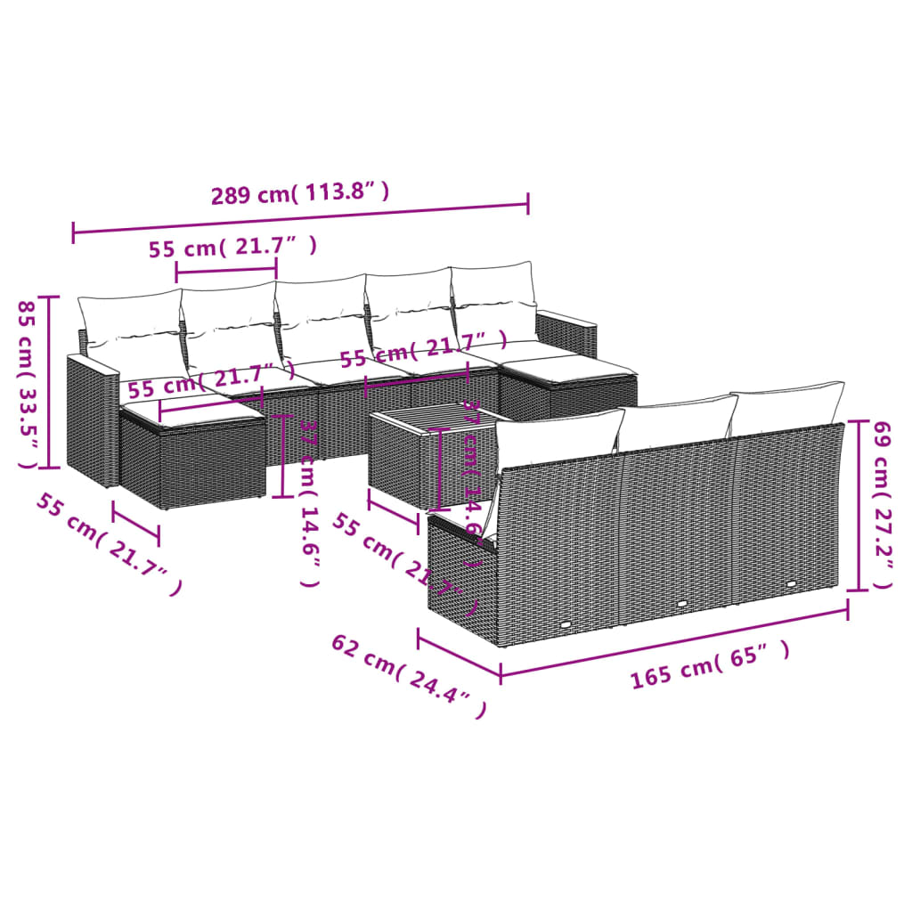 vidaXL 10-delige tuinbankset met kussens van zwart polyrotan