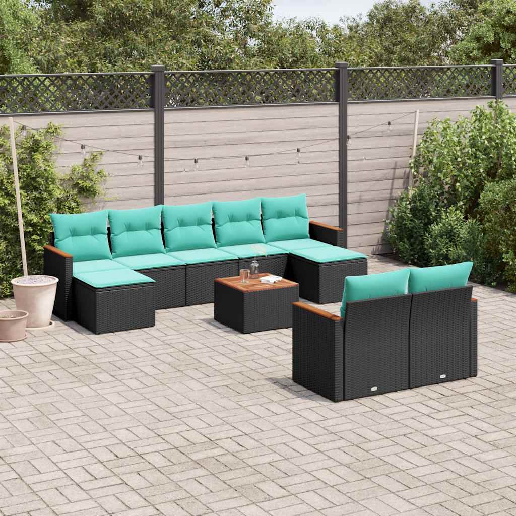 vidaXL 9-delige tuinbankset met kussens van zwart polyrotan