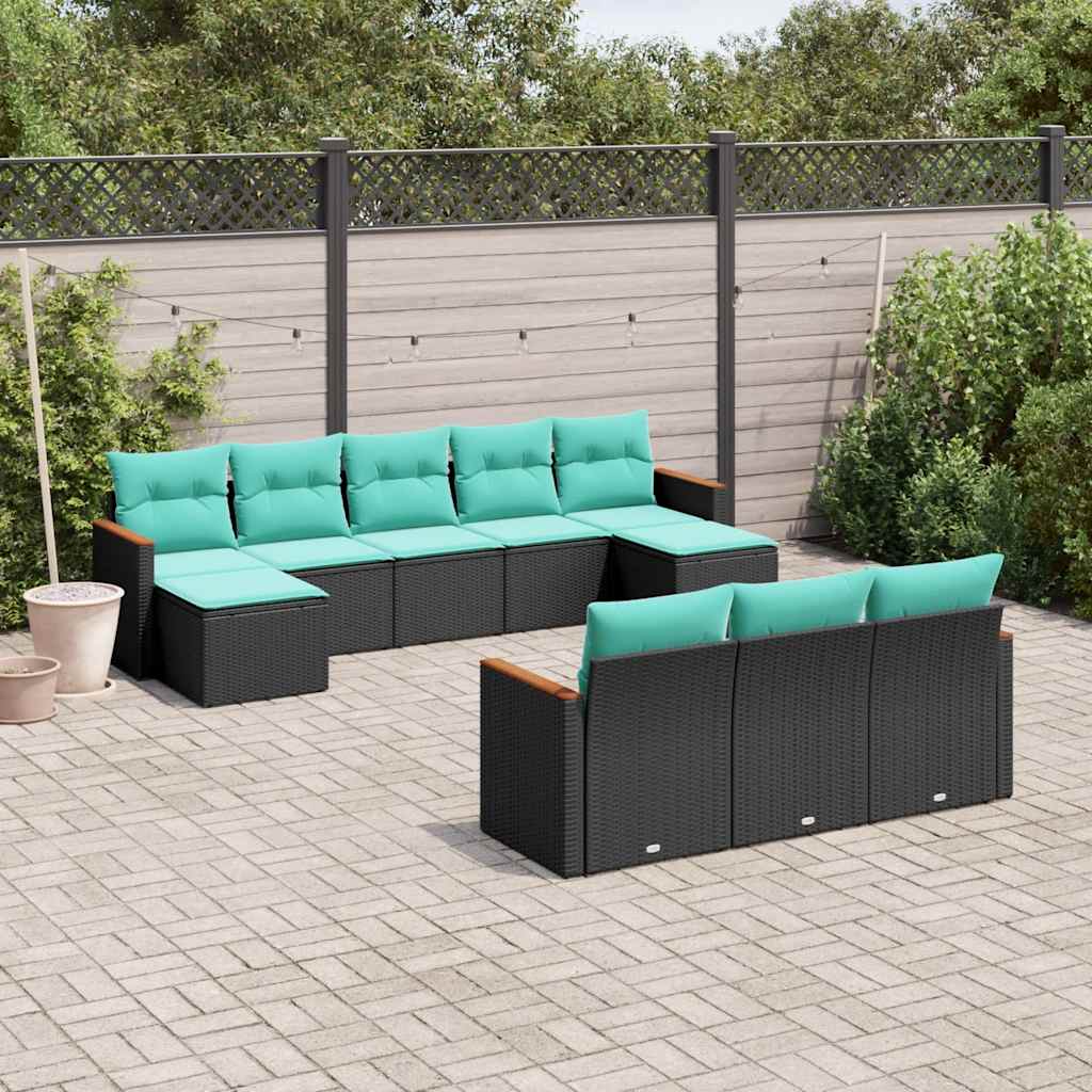 vidaXL 10-delige tuinbankset met kussens van zwart polyrotan