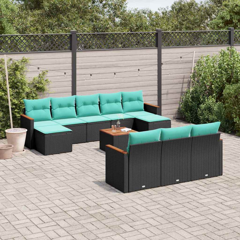 vidaXL 10-delige tuinbankset met kussens van zwart polyrotan