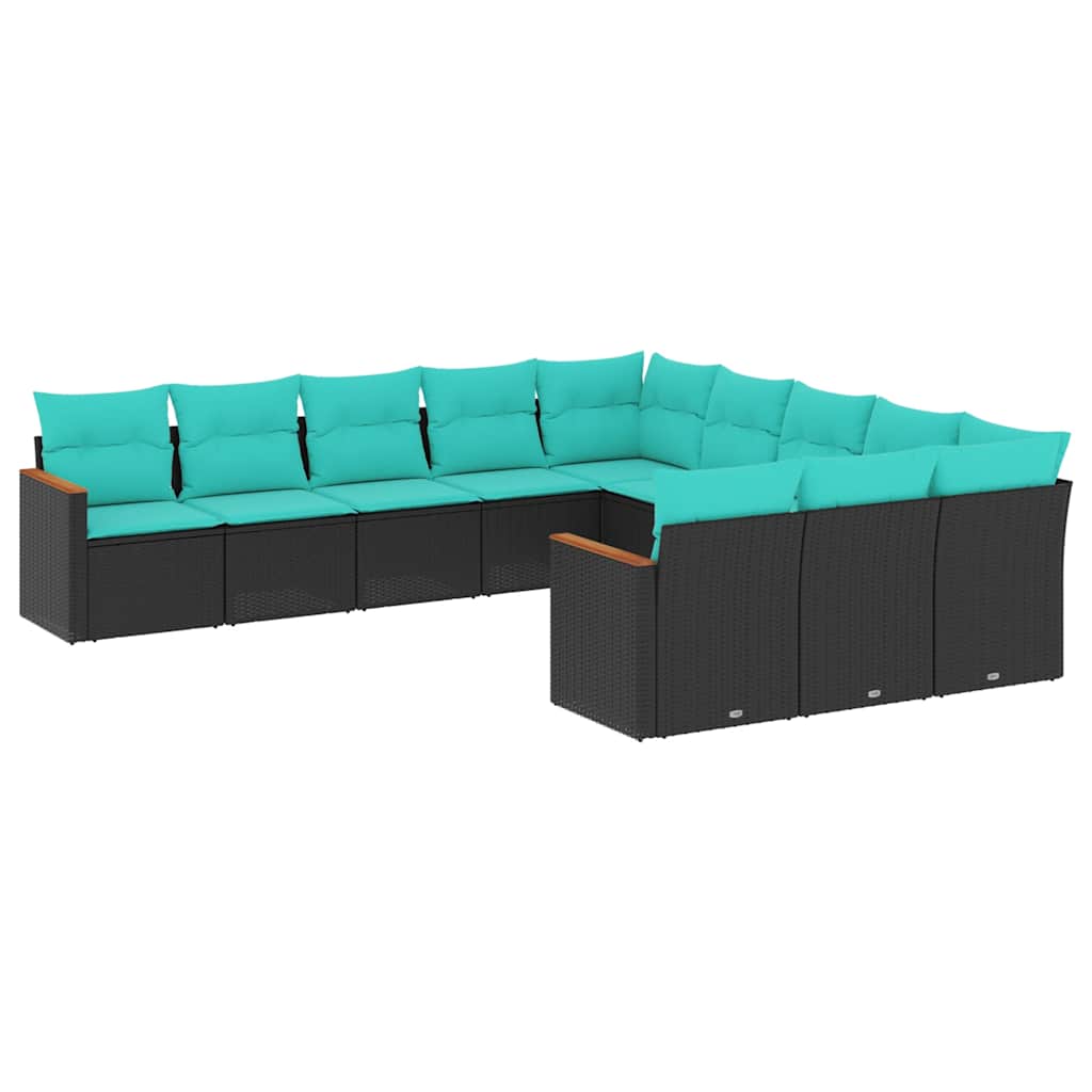 vidaXL 11-delige tuinbankset met kussens, zwart polyrotan