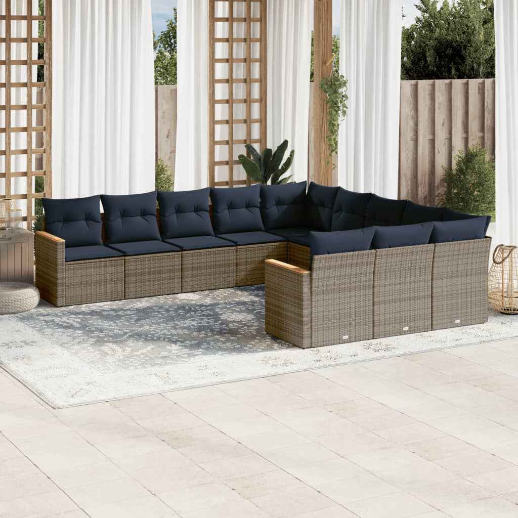 vidaXL 11-delige tuinbankset met kussens, zwart polyrotan