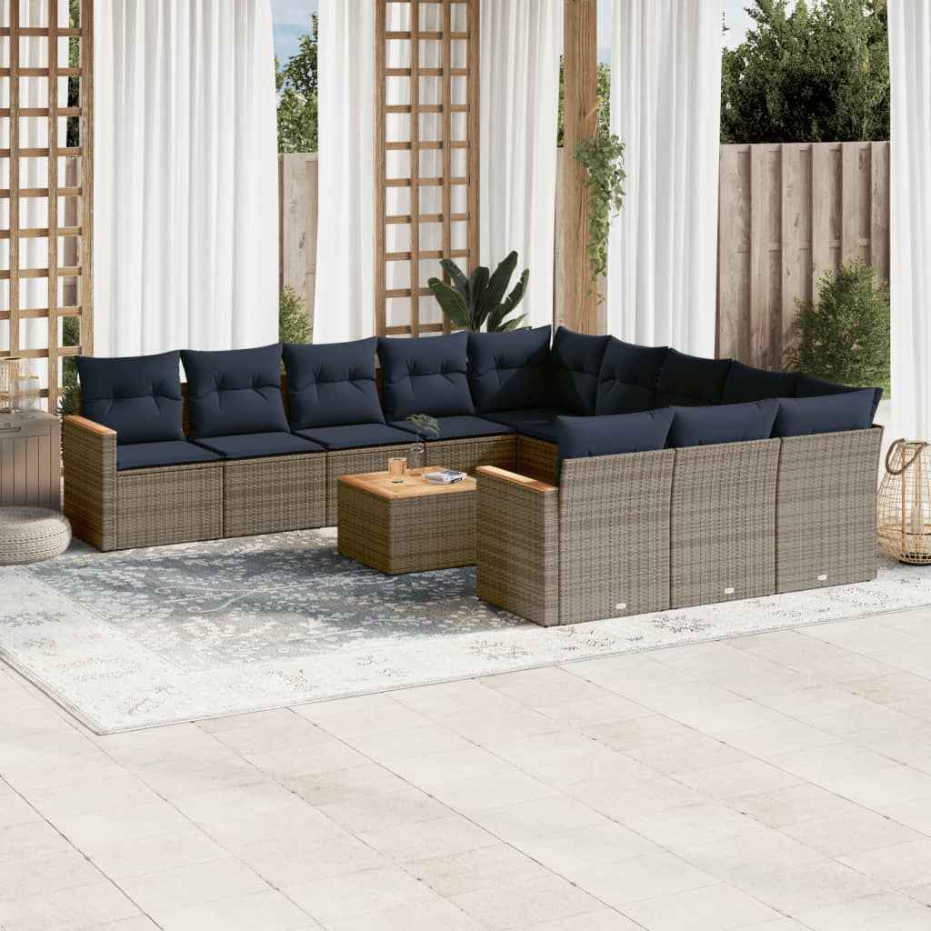 vidaXL 11-delige tuinbankset met kussens, zwart polyrotan