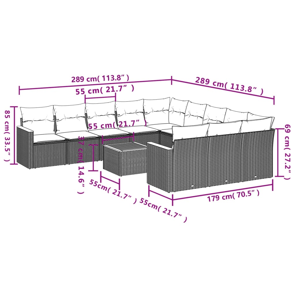 vidaXL 11-delige tuinbankset met kussens, zwart polyrotan