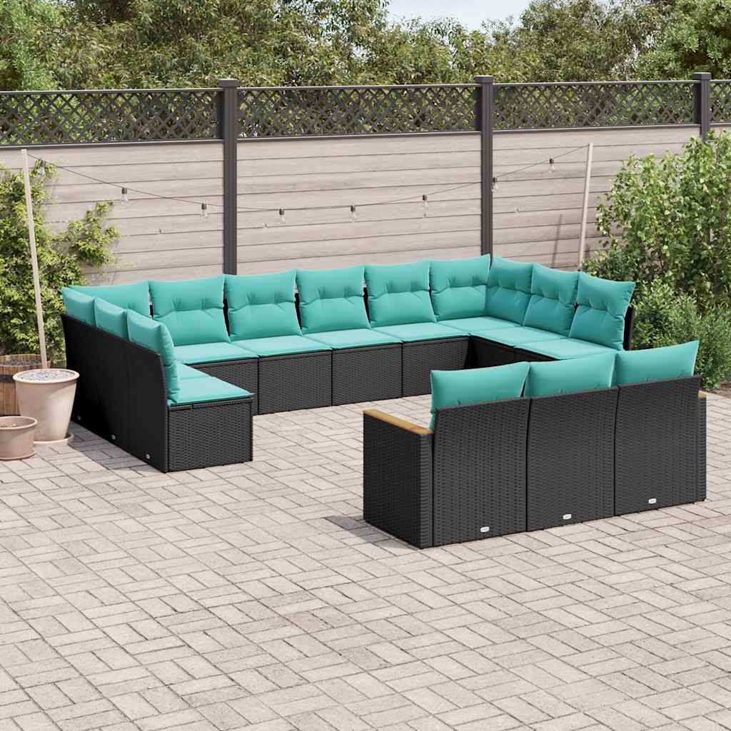 vidaXL 13-delige tuinbankset met kussens van zwart polyrotan