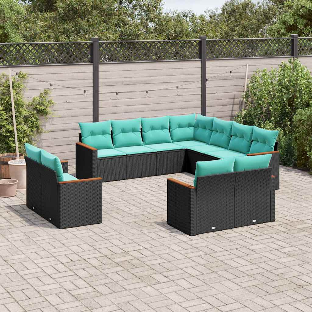 vidaXL 11-delige tuinbankset met kussens, zwart polyrotan