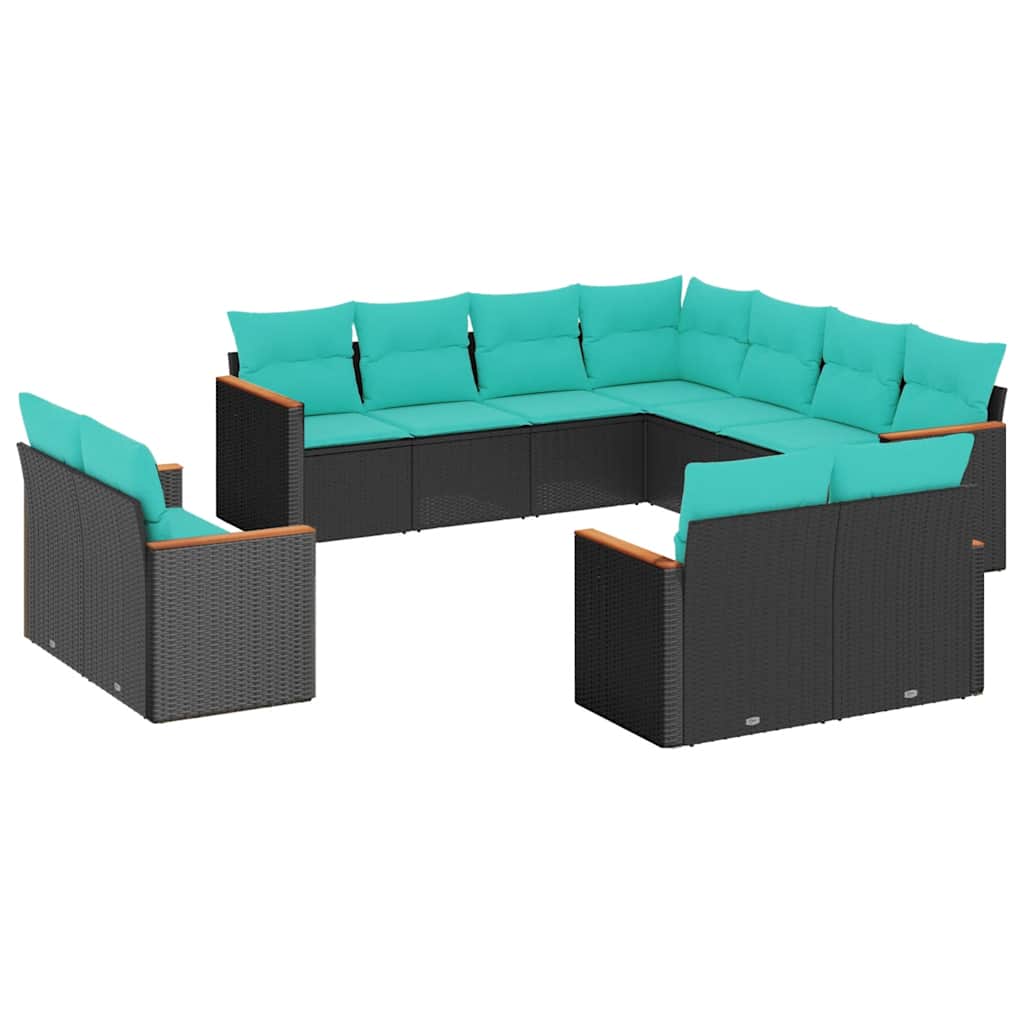 vidaXL 11-delige tuinbankset met kussens, zwart polyrotan