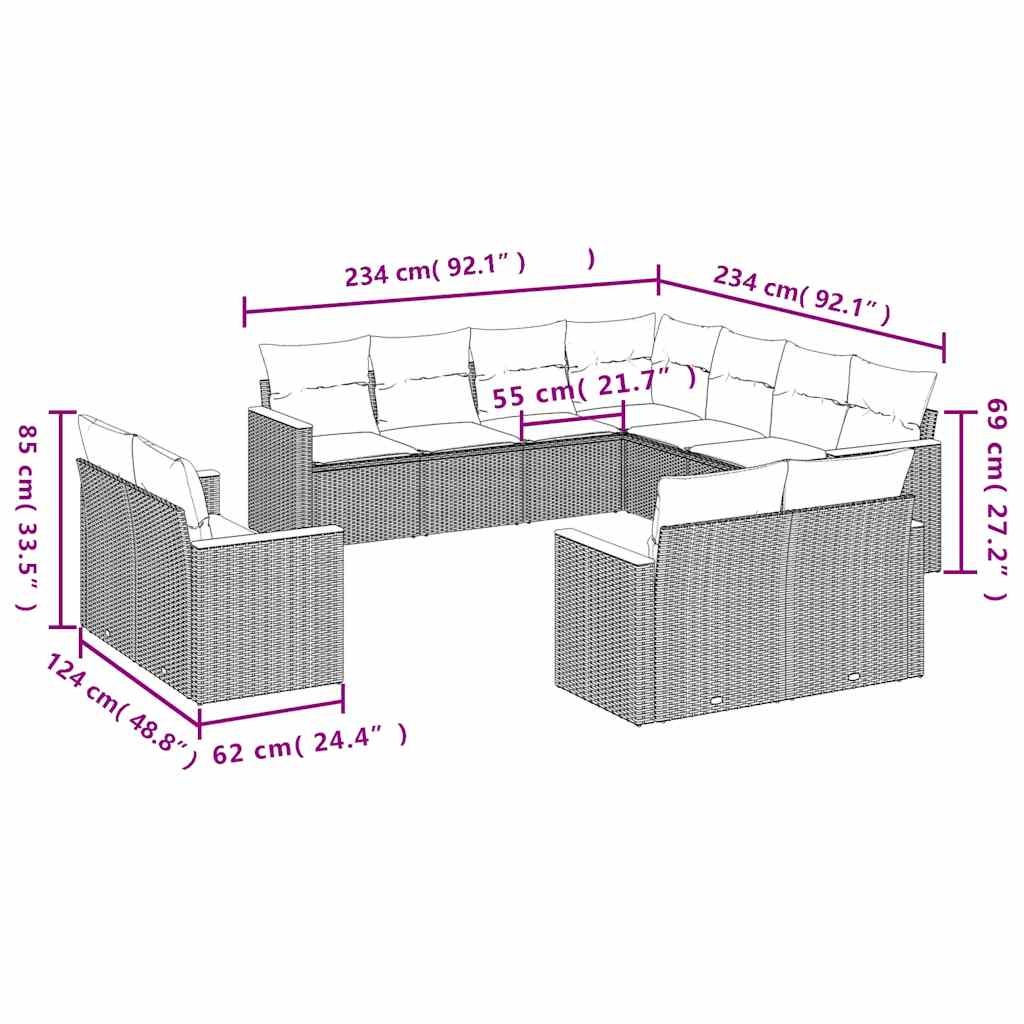 vidaXL 11-delige tuinbankset met kussens, zwart polyrotan