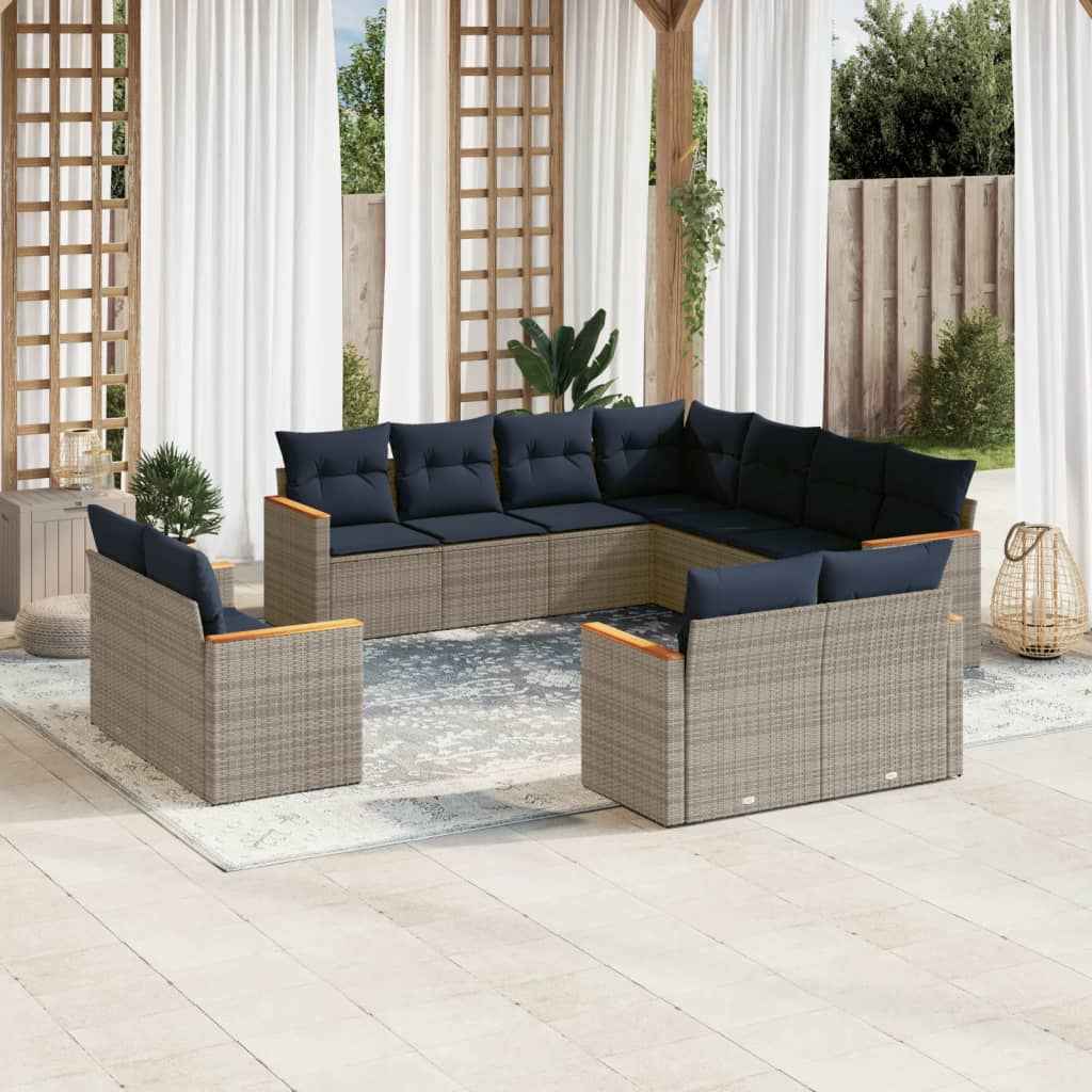 vidaXL 11-delige tuinbankset met kussens, zwart polyrotan