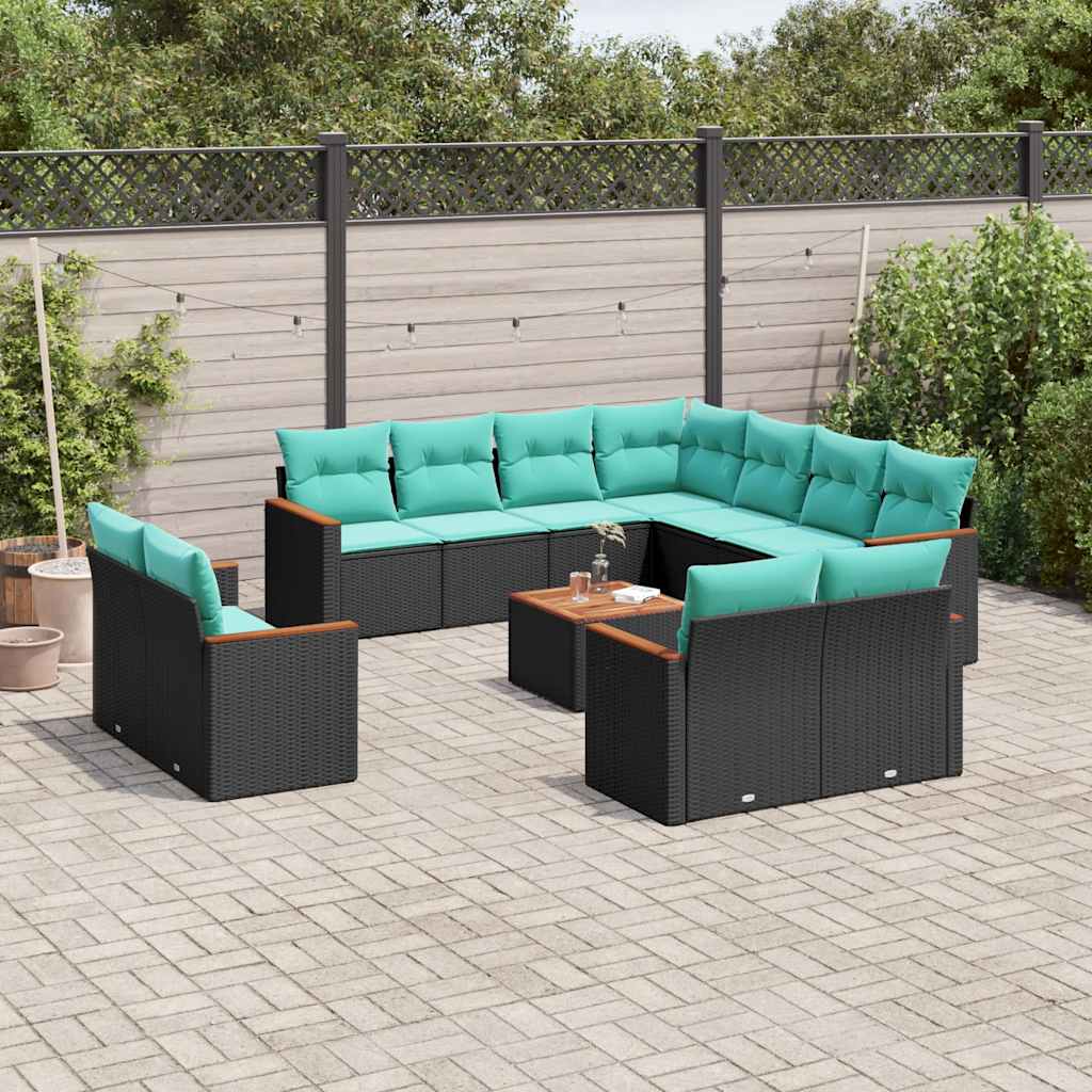 vidaXL 11-delige tuinbankset met kussens, zwart polyrotan