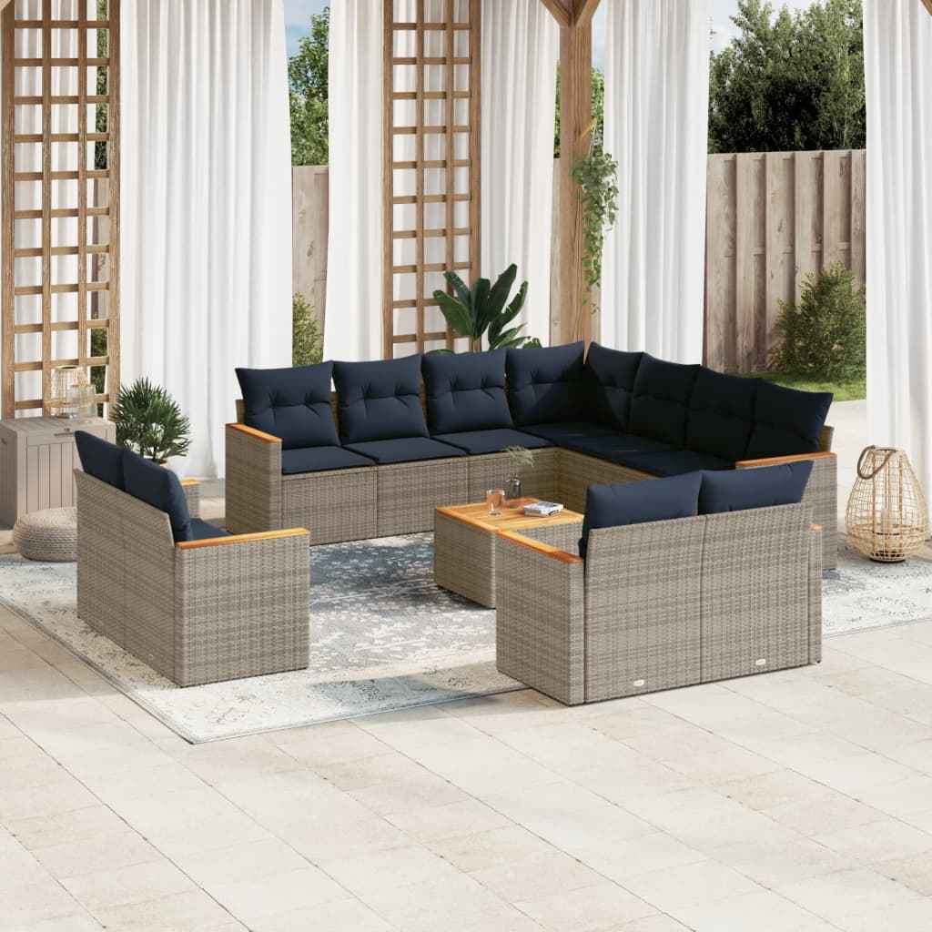 vidaXL 11-delige tuinbankset met kussens, zwart polyrotan
