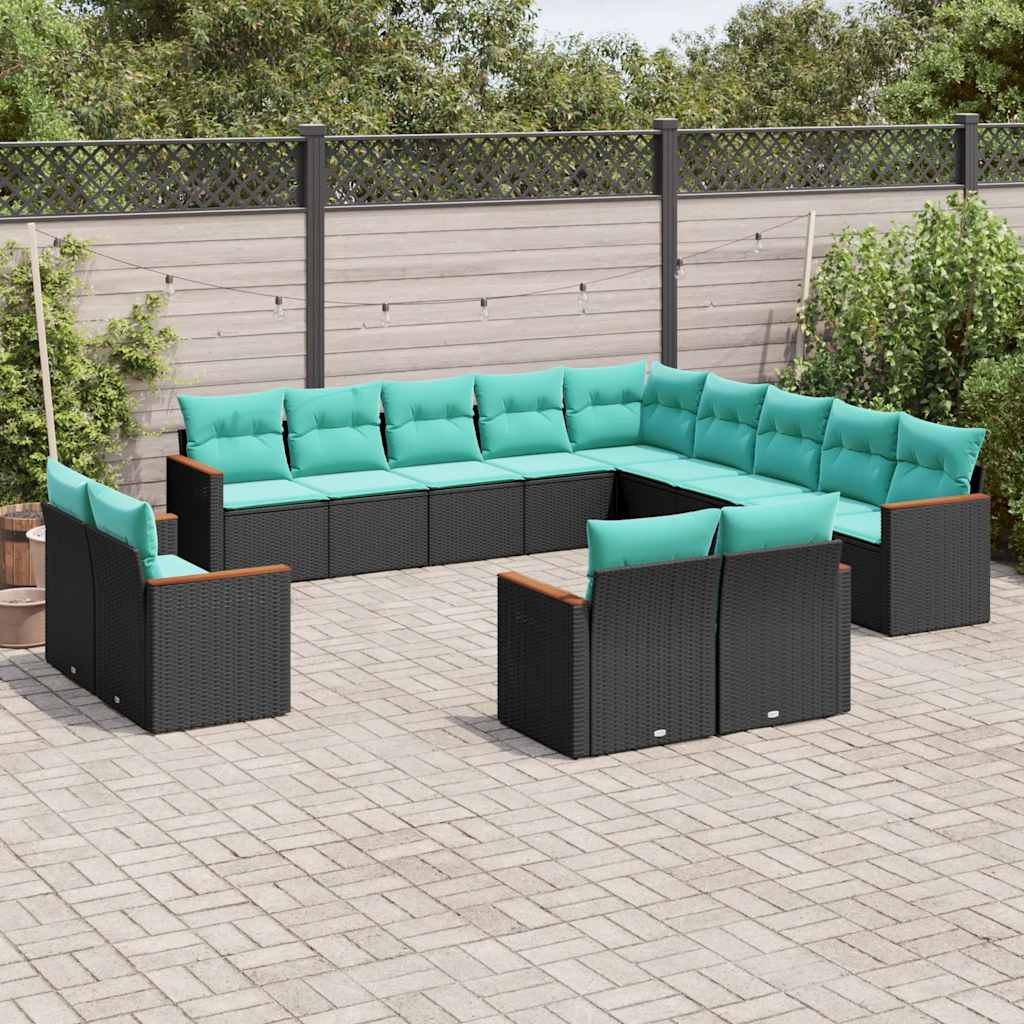 vidaXL 13-delige tuinbankset met kussens van zwart polyrotan