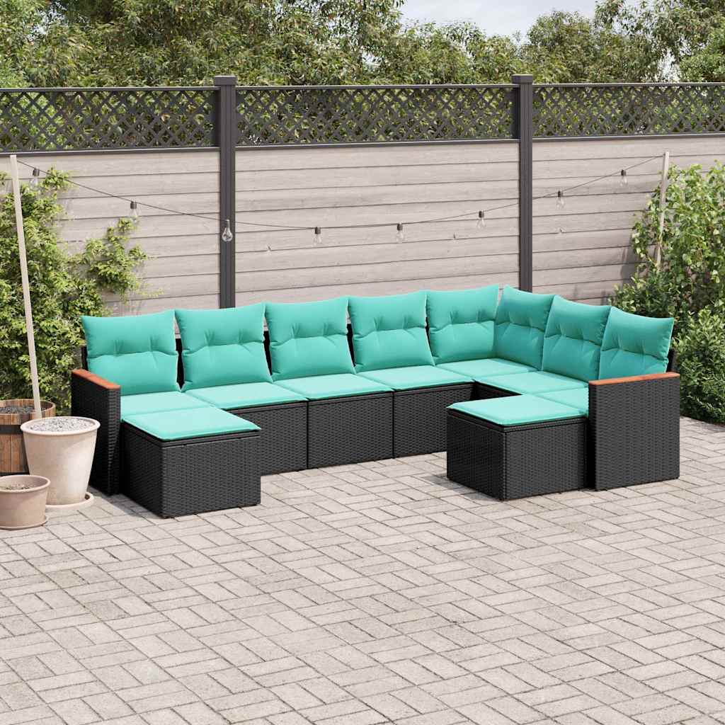 vidaXL 9-delige tuinbankset met kussens van zwart polyrotan