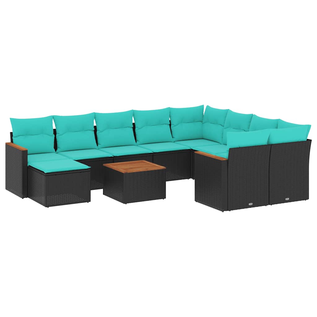 vidaXL 11-delige tuinbankset met kussens, zwart polyrotan