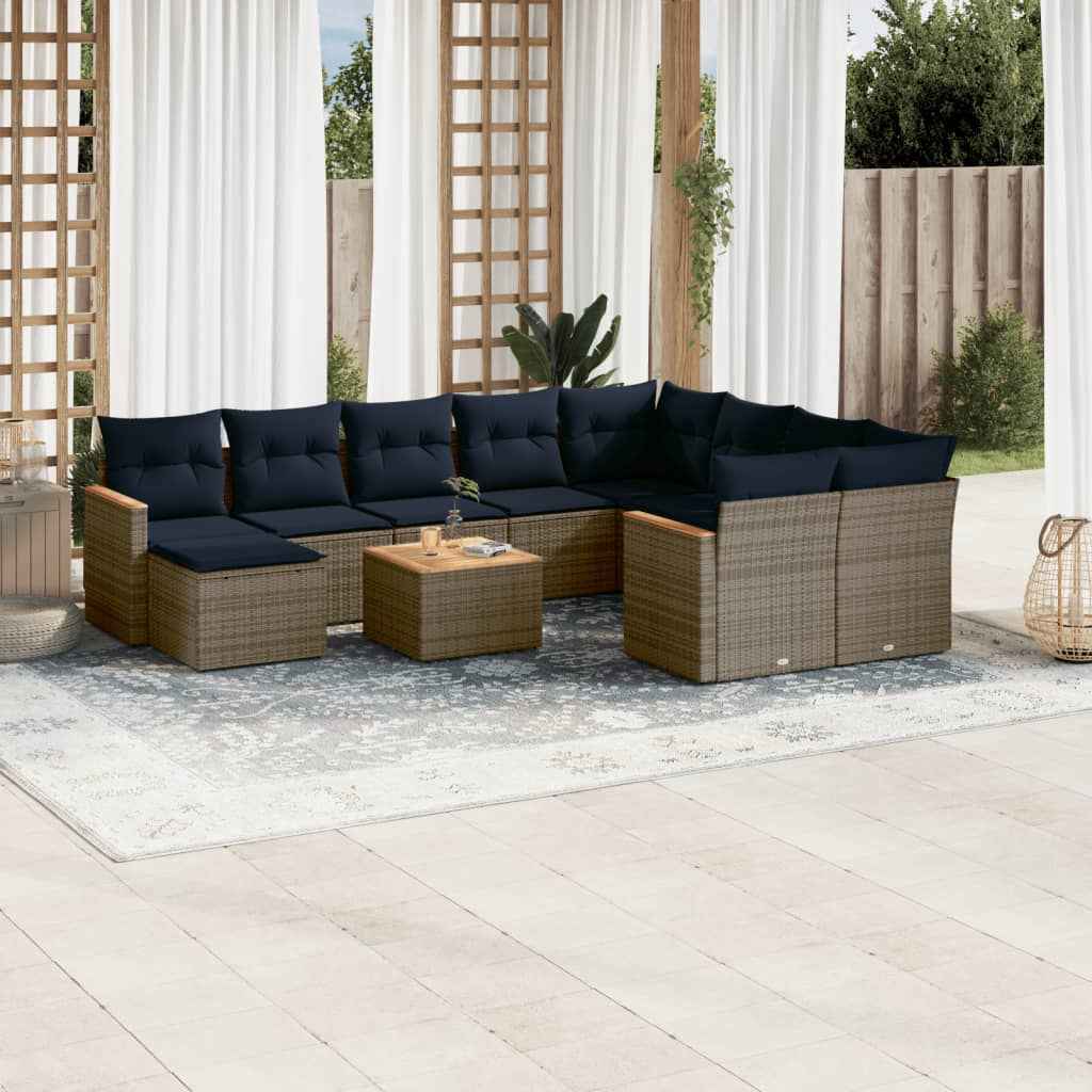 vidaXL 11-delige tuinbankset met kussens, zwart polyrotan