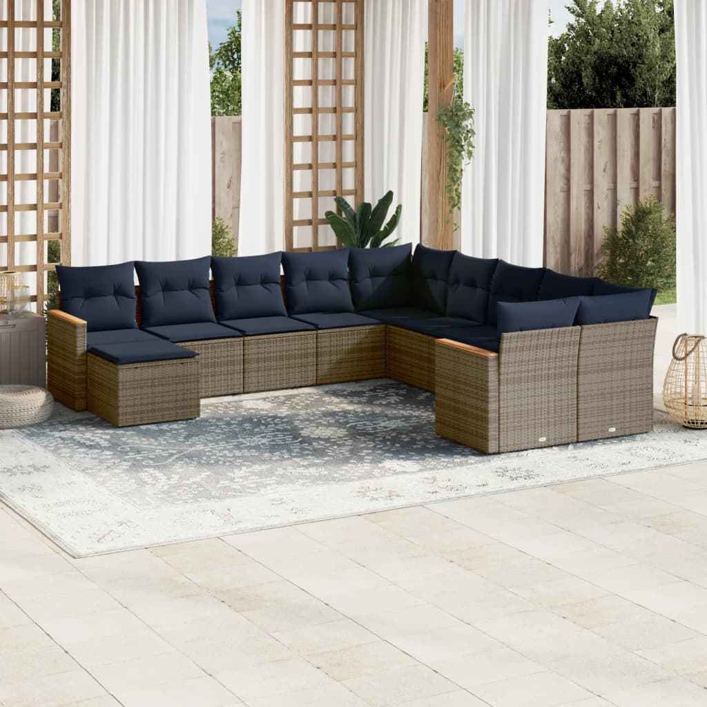 vidaXL 11-delige tuinbankset met kussens, zwart polyrotan